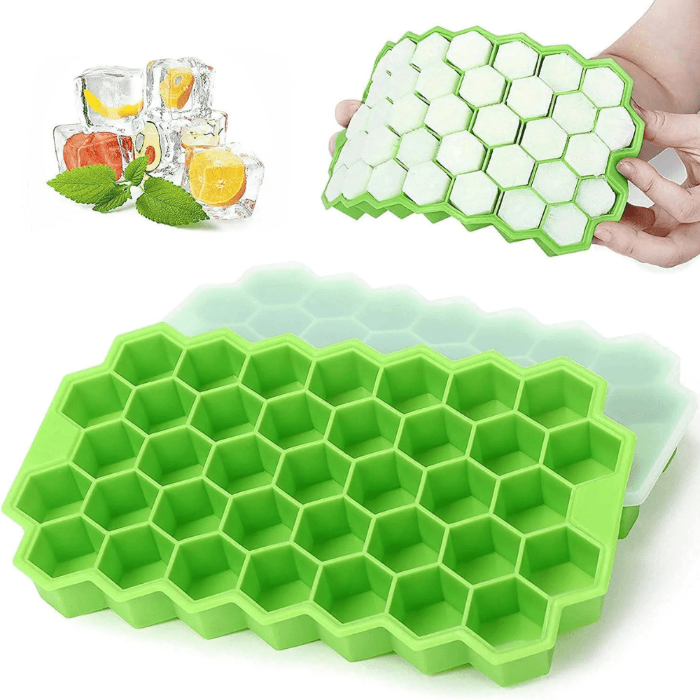 HONEYCOM with Lid – Pack of 1 Silicone Ice Cube Mold, Flexible 37 Ice Tray BPA Free, for Whiskey, Cocktail, Stackable & Safe Ice Cube Small Cubes Fridge Bar Soft Tray
