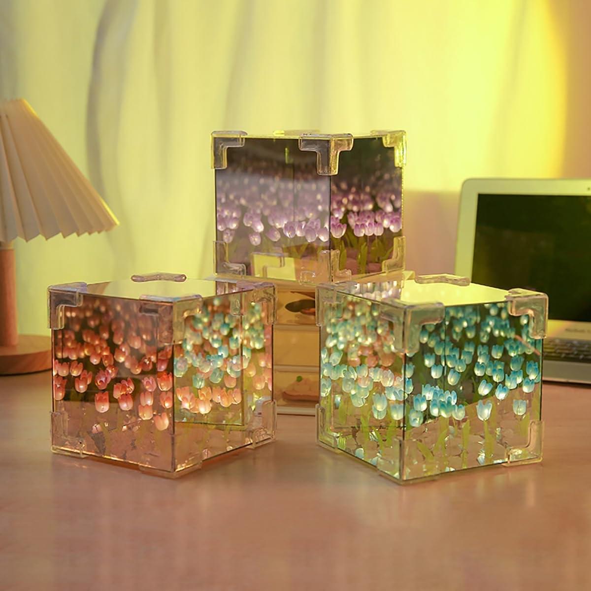 Tulip Cube Mirror Lamp – 30 Flowers LED Decorative Lamp | 2-in-1 Mirror & Table Ornament for Bedroom, Living Room & Desk | Perfect Birthday Gift - Image 2
