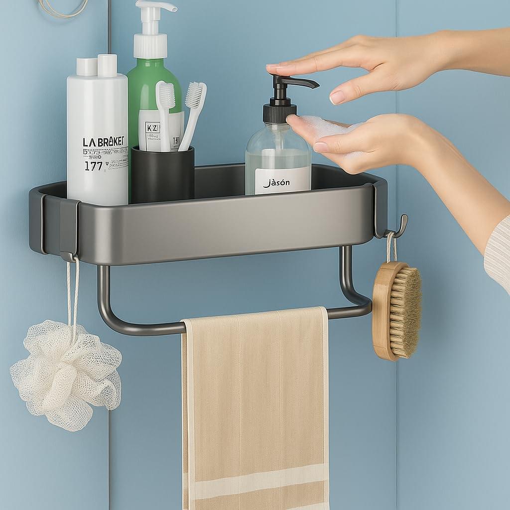 Wall-Mounted Stainless Steel Shelf with Towel Holder & Hooks – Chrome Finish Bathroom Organizer for Home & Hotel (Set of 2 Bath Shelves) - Image 5