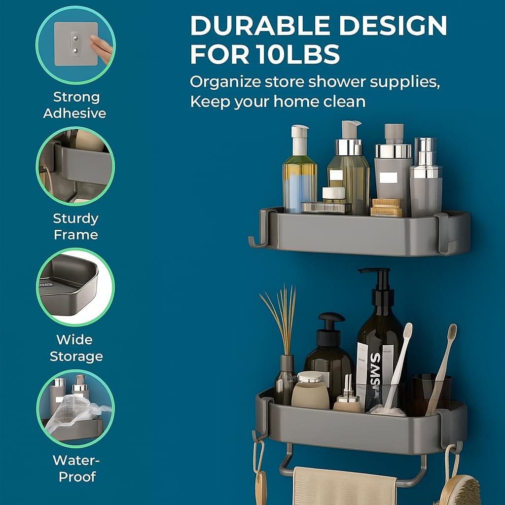 Wall-Mounted Stainless Steel Shelf with Towel Holder & Hooks – Chrome Finish Bathroom Organizer for Home & Hotel (Set of 2 Bath Shelves) - Image 4