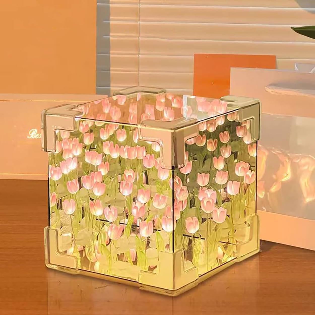 Tulip Cube Mirror Lamp – 30 Flowers LED Decorative Lamp | 2-in-1 Mirror & Table Ornament for Bedroom, Living Room & Desk | Perfect Birthday Gift