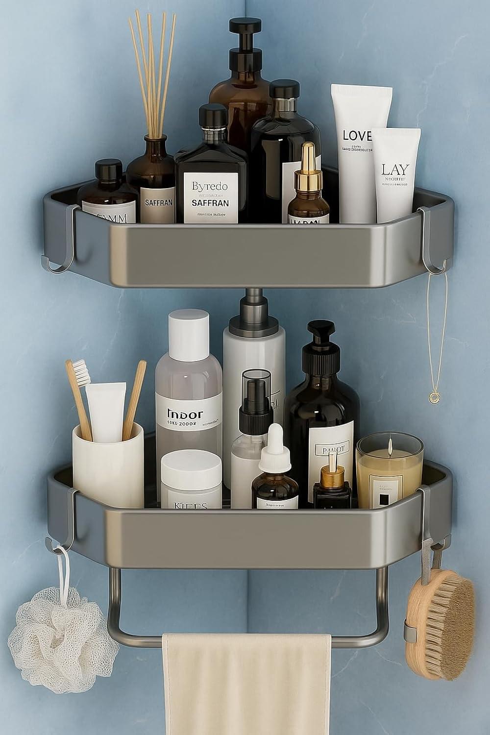 Wall-Mounted Stainless Steel Shelf with Towel Holder & Hooks – Chrome Finish Bathroom Organizer for Home & Hotel (Set of 2 Bath Shelves)